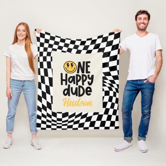 1e verjaardag glimlach gezicht retro zwart wit gro fleece deken (In situ)