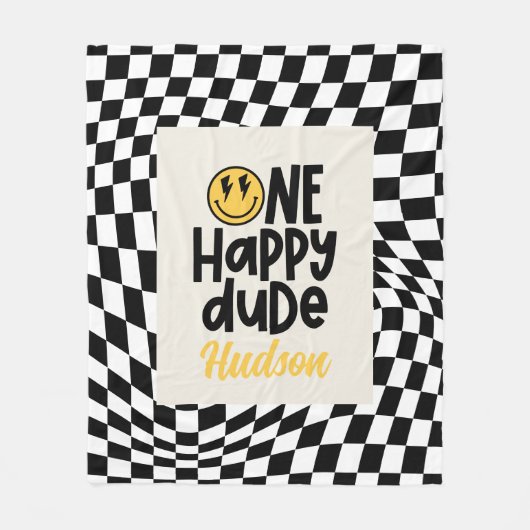 1e verjaardag glimlach gezicht retro zwart wit gro fleece deken (Voorkant)