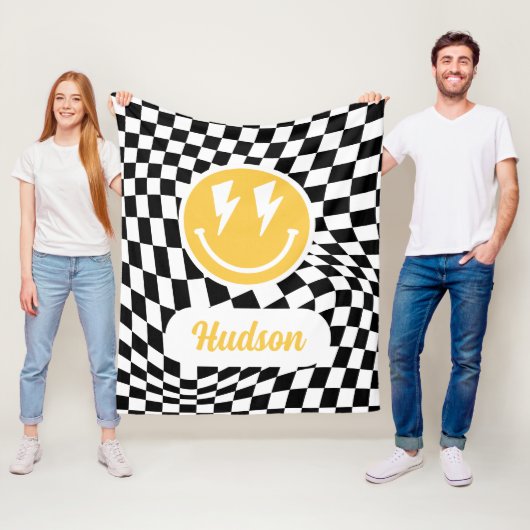 1e verjaardag glimlach gezicht retro zwart wit gro fleece deken (In situ)