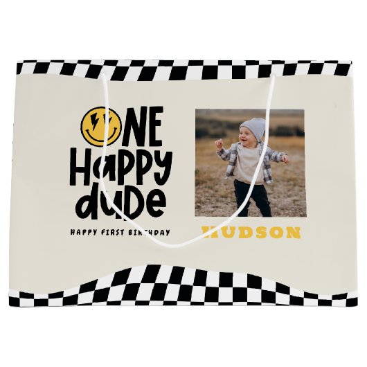 1e verjaardag glimlach gezicht retro zwart wit gro groot cadeauzakje (Voorkant)