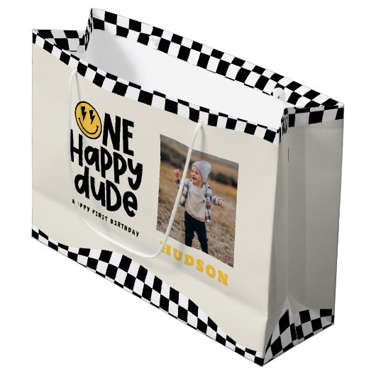 1e verjaardag glimlach gezicht retro zwart wit gro groot cadeauzakje (Voorkant Gekanteld)