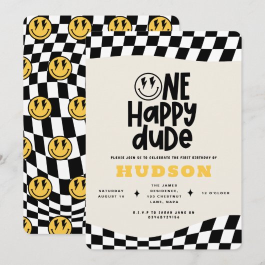 1e verjaardag glimlach gezicht retro zwart wit gro kaart (Voorkant / Achterkant)