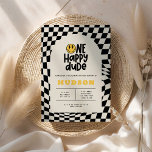 1e verjaardag glimlach gezicht retro zwart wit gro kaart<br><div class="desc">1e verjaardag glimlach gezicht retro zwart,  wit en geel groovy bliksemschicht koele verjaardag uitnodiging.</div>