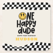 1e verjaardag glimlach gezicht retro zwart wit gro kartonnen onderzetters (Voorkant)