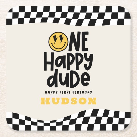 1e verjaardag glimlach gezicht retro zwart wit gro kartonnen onderzetters (Voorkant)