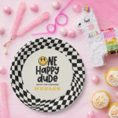 1e verjaardag glimlach gezicht retro zwart wit gro papieren bordje (Feest)