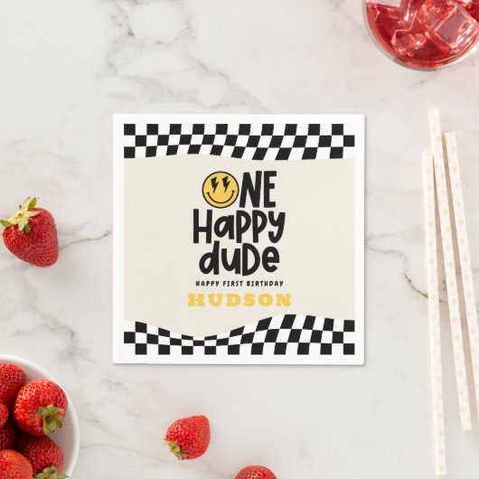 1e verjaardag glimlach gezicht retro zwart wit gro servet (Insitu)