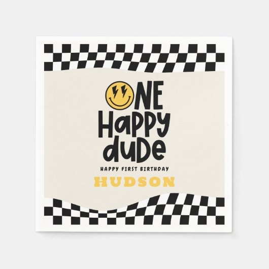 1e verjaardag glimlach gezicht retro zwart wit gro servet (Voorkant)