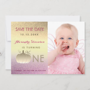 1e verjaardag Glitter Ombre Pink Gold Pumpkin Foto Save The Date