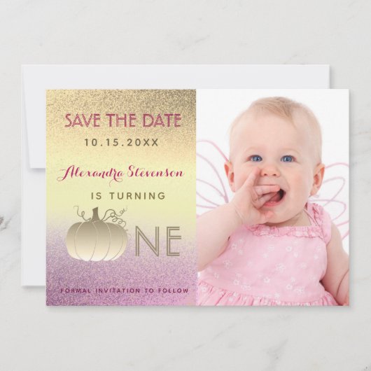 1e Verjaardag Glitter Ombre Roze Gouden Pompoen Fo Save The Date (Voorkant)