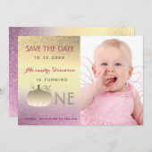 1e Verjaardag Glitter Ombre Roze Gouden Pompoen Fo Save The Date (Voorkant / Achterkant)