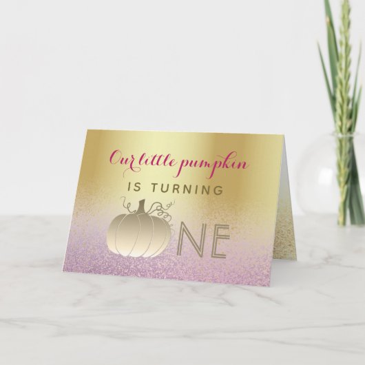 1e Verjaardag Glitter Roze en Gouden Pompoen (Voorkant)