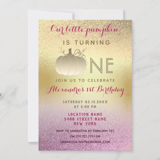 1e Verjaardag Glitter Roze Goud Onze Kleine Pompoe Kaart (Voorkant)