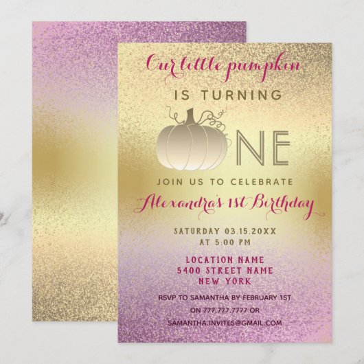 1e Verjaardag Glitter Roze Goud Onze Kleine Pompoe Kaart (Voorkant / Achterkant)