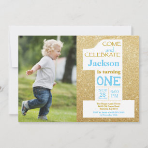 1e verjaardag Gold Glitter en blauwe foto Kaart