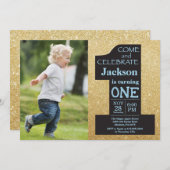 1e verjaardag Gold Glitter en blauwe foto Kaart (Voorkant / Achterkant)