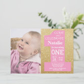 1e verjaardag Gold Glitter en roze foto Kaart (Staand voorkant)