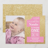 1e verjaardag Gold Glitter en roze foto Kaart (Voorkant / Achterkant)