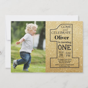 1e verjaardag Gold Glitter en zwarte foto Kaart