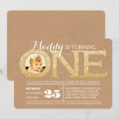 1e verjaardag Gold Glitter One Photo Uitnodiging (Voorkant / Achterkant)