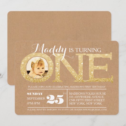 1e verjaardag Gold Glitter One Photo Uitnodiging (Voorkant / Achterkant)