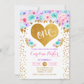 1e verjaardag - Gold Heart Blauwgroen Paarse Roze Kaart (Voorkant)