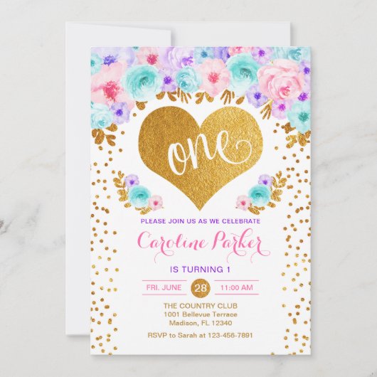 1e verjaardag - Gold Heart Blauwgroen Paarse Roze Kaart (Voorkant)