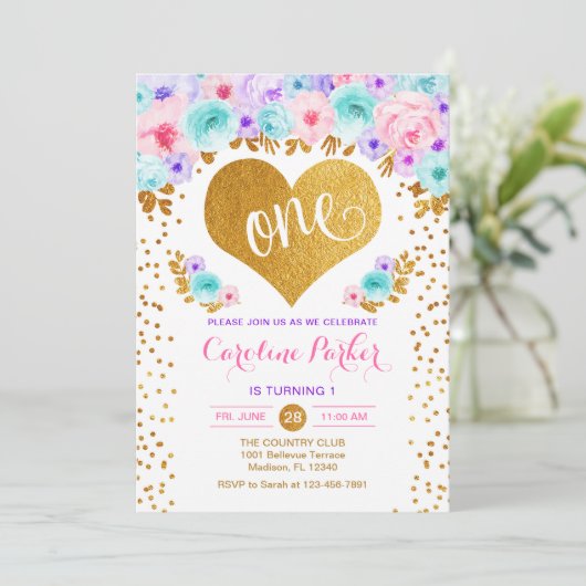 1e verjaardag - Gold Heart Blauwgroen Paarse Roze Kaart (Staand voorkant)