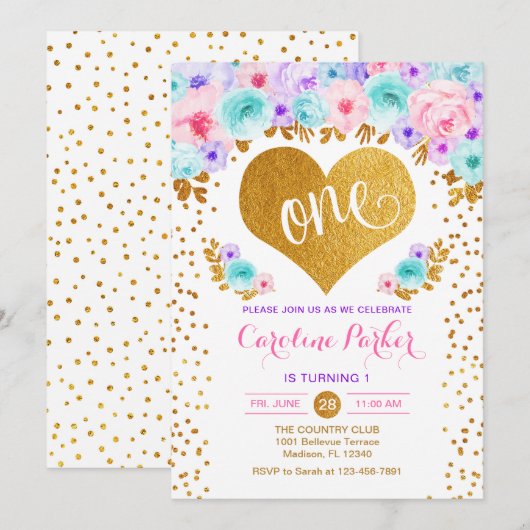 1e verjaardag - Gold Heart Blauwgroen Paarse Roze Kaart (Voorkant / Achterkant)