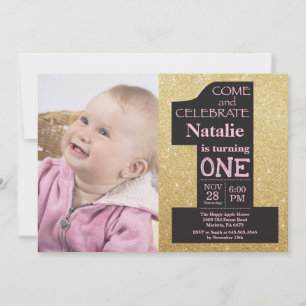 1e verjaardag Gouden glitter en roze foto Kaart