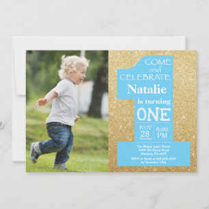 1e verjaardag Gouden Glitters en Blauwe Foto Kaart