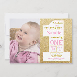 1e verjaardag Gouden Glitters en Roze Foto Kaart
