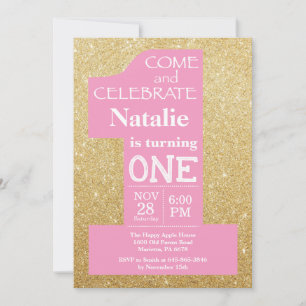 1e verjaardag gouden glitters en roze uitnodiging