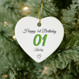 1e verjaardag groene schaduw monogram hart baby keramisch ornament