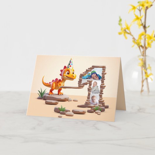 1e verjaardag groot aantal foto | Dino Little Drag Kaart (Gele Bloem)