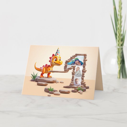 1e verjaardag groot aantal foto | Dino Little Drag Kaart (Voorkant)
