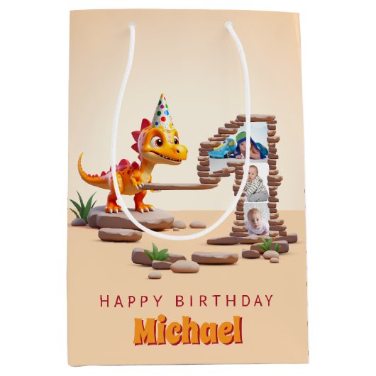 1e verjaardag groot aantal foto | Little Dino Drag Medium Cadeauzakje (Voorkant)
