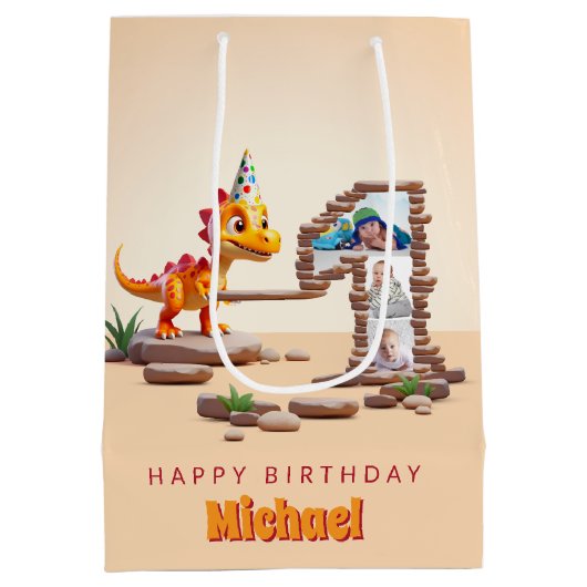 1e verjaardag groot aantal foto | Little Dino Drag Medium Cadeauzakje (Achterkant)