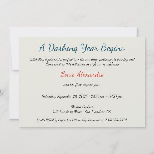 1e verjaardag Haute Couture Baby Boy & Atelier Kaart (Achterkant)