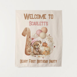 1e Verjaardag Herfst Beer Meisje Welkomstbord Tape Wandkleed