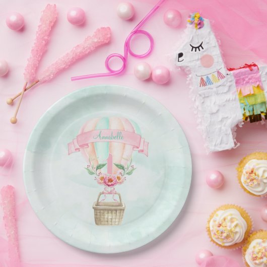 1e Verjaardag Hete Luchtballon Mint Roze Perzik Papieren Bordje (Feest)