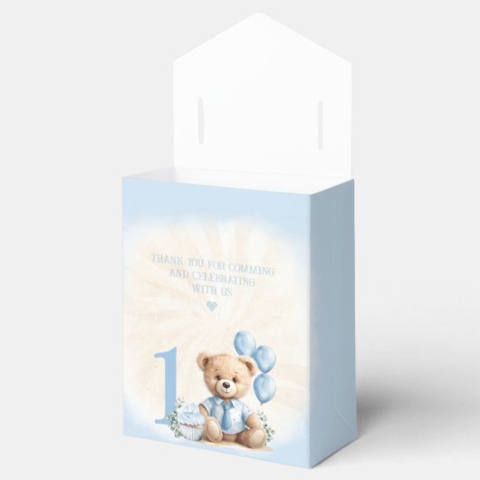 1e verjaardag Jongen Blauw Beige Teddy Bear Tent Bedankdoosjes (Geopend)