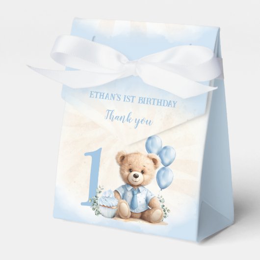 1e verjaardag Jongen Blauw Beige Teddy Bear Tent Bedankdoosjes (Voorkant Zijde)