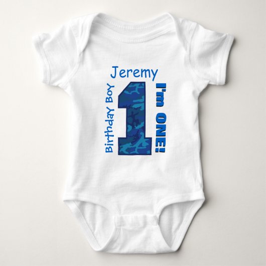 1e Verjaardag Jongen Blauw CAMO 1 Jaar Custom Name Romper (Voorkant)