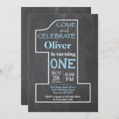 1e Verjaardag Jongen Blauw Krijtbord Uitnodiging (Voorkant / Achterkant)