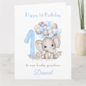 1e Verjaardag Jongen Blauw Schattige Olifant Ballo Kaart (Voorkant)