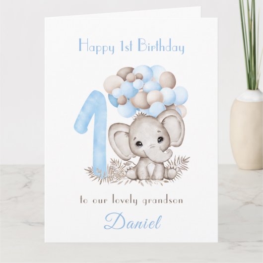 1e Verjaardag Jongen Blauw Schattige Olifant Ballo Kaart (Voorkant)