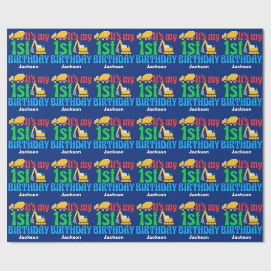 1e verjaardag Jongen Bouwvoertuig Aangepast Blauw Cadeaupapier (Vlak)