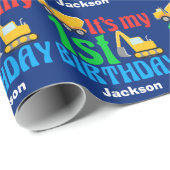 1e verjaardag Jongen Bouwvoertuig Aangepast Blauw Cadeaupapier (Rol Hoek)