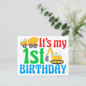 1e verjaardag jongen bouwvoertuig schattig briefkaart (Staand voorkant)